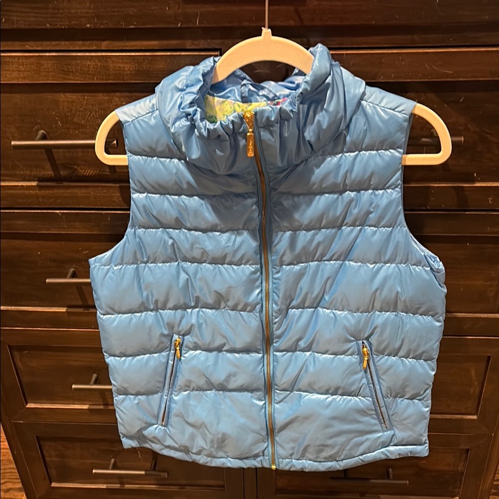 Blue Puffer Vest with Gold Accents